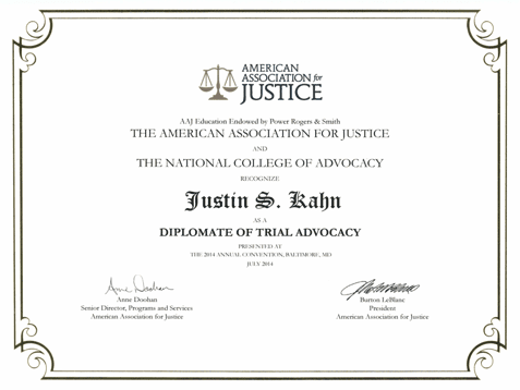 American Association for Justice Justin Kahn Certificate